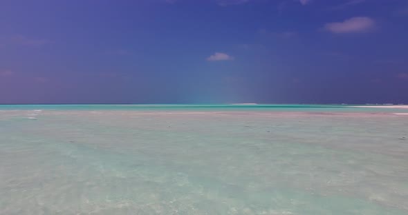 Daytime fly over copy space shot of a summer white paradise sand beach and turquoise sea background 