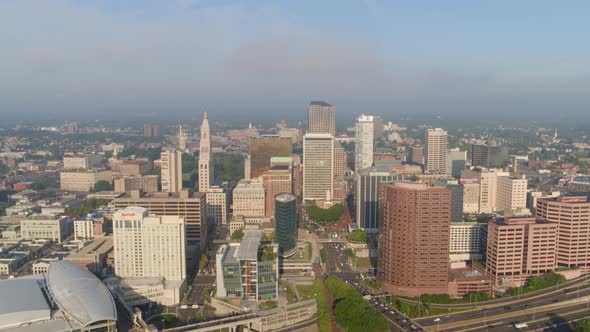 Aerial of busy street and skyscrapers buildings in Hartford
