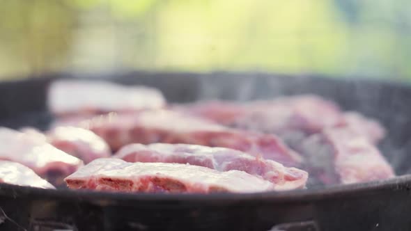 Slow Motion Push In of Meat Grilling on Fiery and Smokey BBQ Grill