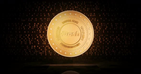 Dash DeFi cryptocurrency golden coin loop on digital background