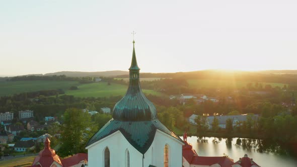 Flying Around the Pilgrimage Church of Saint John of Nepomuk on the Green Hill at Sunset