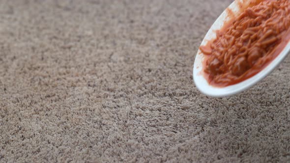 Plate of spaghetti spilling on carpet in slow motion; shot on Phantom Flex 4K at 1000 fps