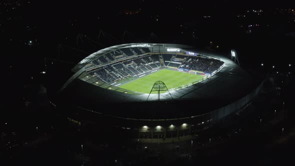 An aerial view of the KCOM Stadium in Hull, during a night match in the Championship.