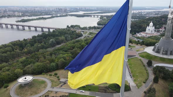 Kyiv - National Flag of Ukraine By Day. Aerial View. Kiev. Slow Motion