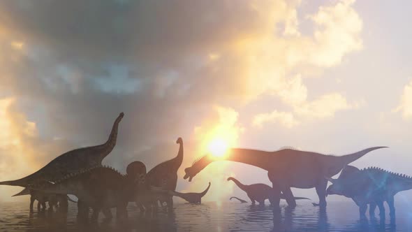 different dinosaurs on prehistoric background of nature, 3d render