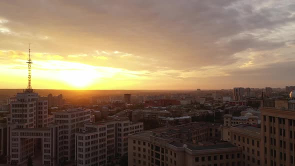 Beautiful Sunset in Kharkov, Ukraine. The Famous Building of Kharkov Is Derzhprom, and Next To It Is