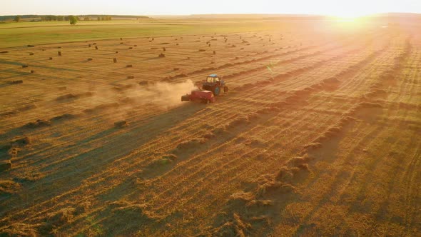 Aerial View of Tractor with Hay in the Field. Bales of Hay Stacked in the Trailer. Agricultural Work