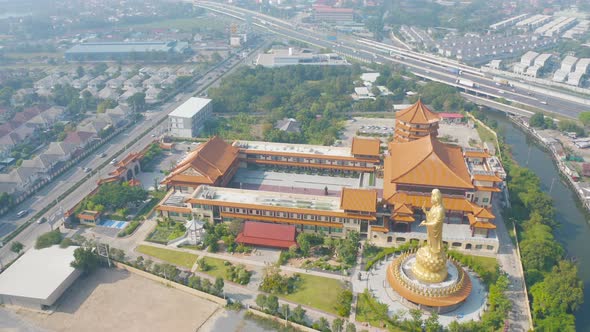 Aerial top view of National Fo Guang Shan Thaihua Temple in Bangkok downtown