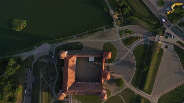 Aerial view of Mir castle in Belarus, aerial View of a medieval castle