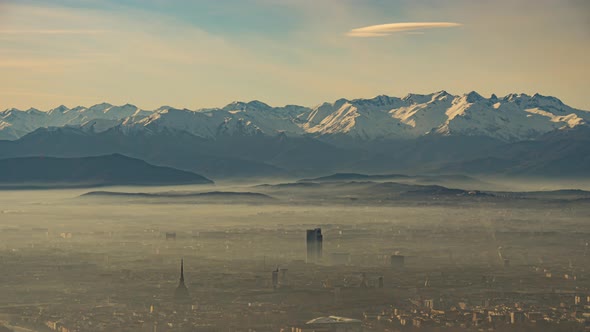 Aerial View Of The City Of Turin in the fog