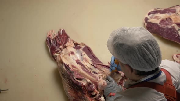 Butcher Cuts Fresh Beef Meat Using Sharped Butcher Knife Meat Production and Food Industry the