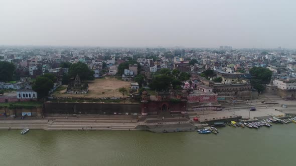 City of Varanasi or Benares in Uttar Pradesh in India seen from the sky