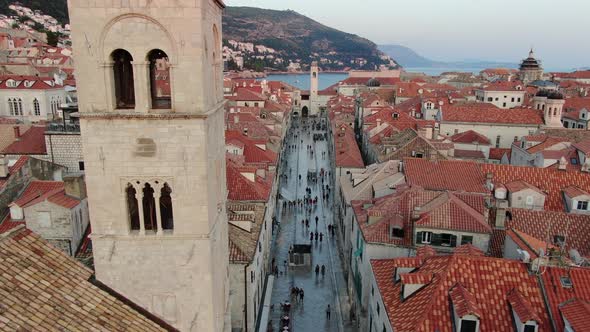 Stradun or Placa - the main street of Dubrovnik Old Town, Croatia. Aerial view