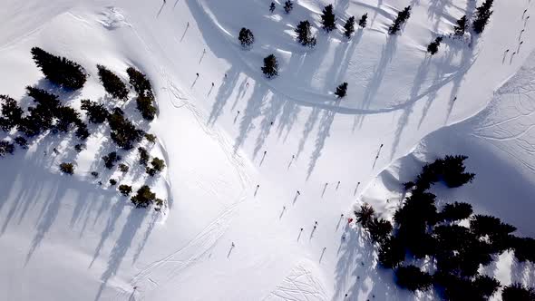 Aerial view of People Skiing and snowboarding on hill, Ski Resort. Drone flies over Skiers Skiing do