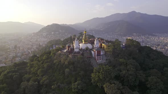 Aerial view circling around Swayambhunath Stupa