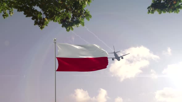 Poland Flag With Airplane And City 