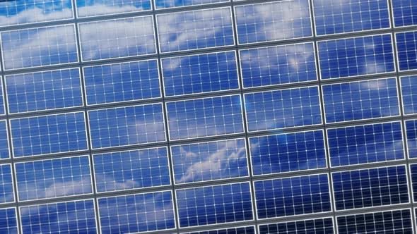 Large Set Solar Panels Reflected Blue Sky Clouds