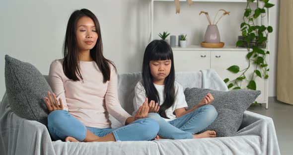 Asian Buddhist Family Traditions Ethnic Korean Mother Teaches Her Little Beloved Daughter to