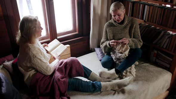 Grown Women are Sitting Reading a Book and Knitting