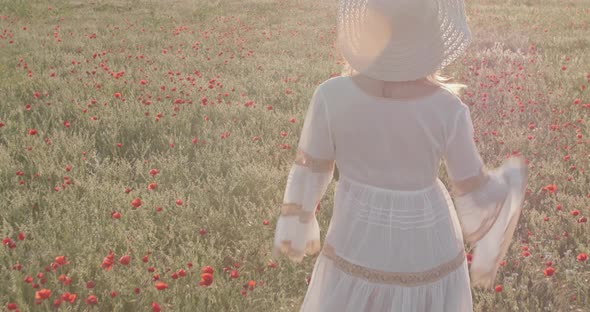 A Young Woman in a White Dress and Hat Walks Through a Wild Field with Blooming Poppies in the Rays