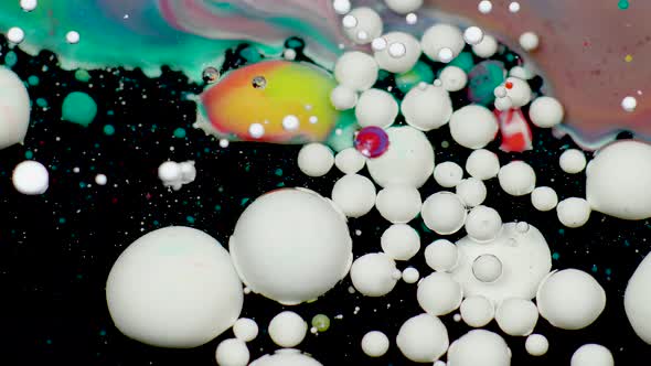 Amazing Multicolored Bubbles of Paint on the Oil Surface. Paint in Oil