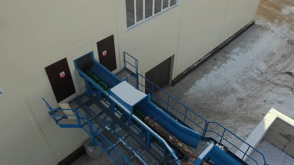 Aerial View of Automated Log Sorting Line. Production of Timber From Wood. Woodworking. Machining