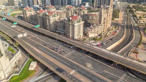 Aerial View of Highway Interchange in Dubai Downtown Morning Timelapse