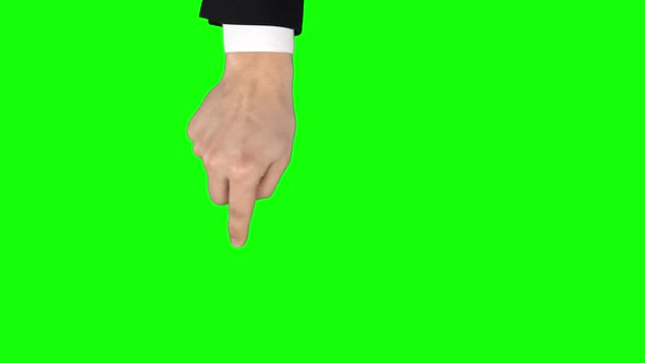 Man Hand in Black Jacket Is Performing Pan Left and Right, Double at Tablet Screen Gesture on Green