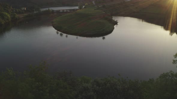 Quinta do Tedo drone view of s shape bend river in Douro wine region, in Portugal