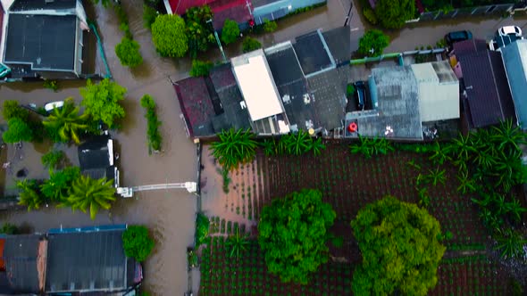 Aerial POV view depiction of flooding. devastation wrought after massive natural disasters