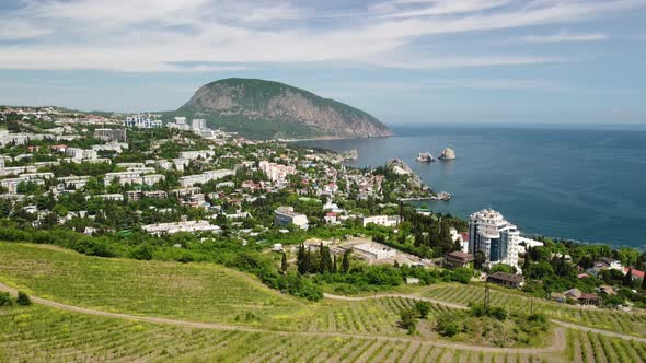 Aerial Panoramic View on Gurzuf Resort City and Bear Mountain AyuDag Yalta Crimea