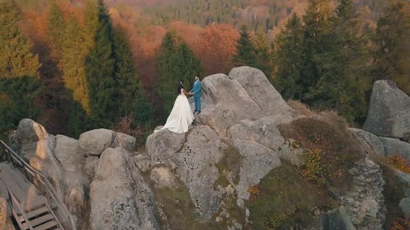 Newlyweds Stand on a High Slope of the Mountain, Groom and Bride, Arial View