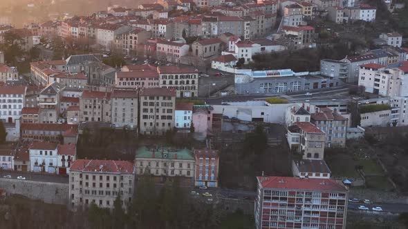 Aerial View of Dense Historic Center of Thiers Town in PuydeDome Department AuvergneRhoneAlpes