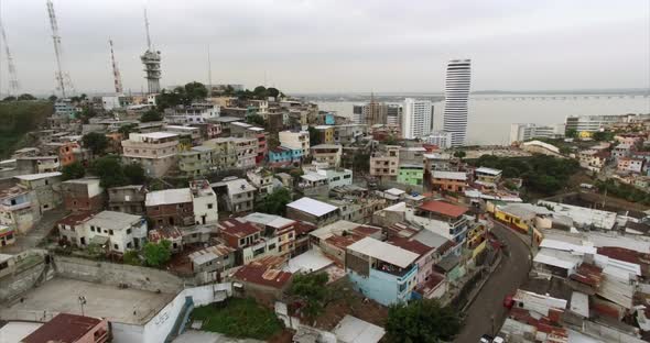 Old Dense Housing Against the Background of Modern High-rise Buildings. Guayaquil, Ecuador alt