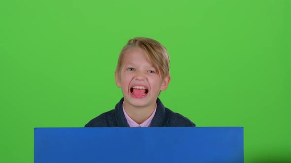 Child Boy Appeared From Behind a Blue Poster Grins Curves of Faces and Hidden Again. Green Screen