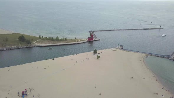 Aerial view of Holland Harbour Light (Big Red Lighthouse) and surrounding area in Michigan, USA. Dro