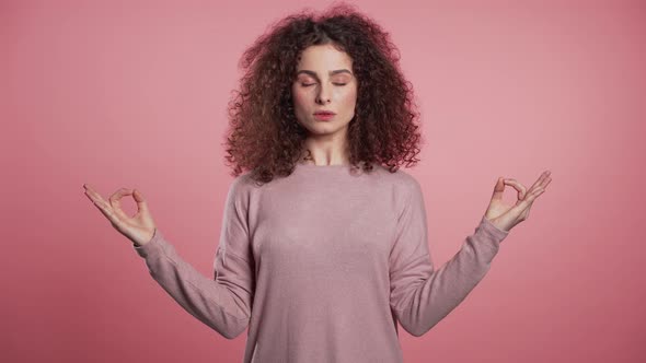 Positive Girl Relaxing, Meditating. Woman Calms Down, Breathes Deeply