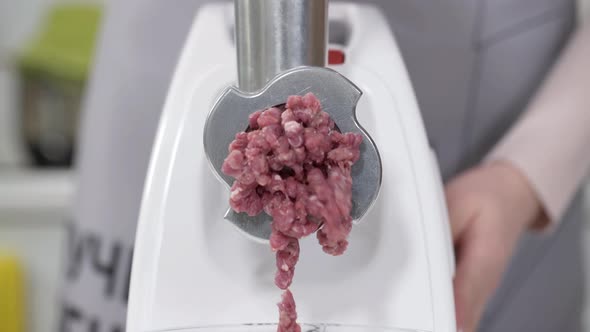 Making Minced Meat in an Electric Meat Grinder From Fresh Beef at Home. Pile of Chopped Meat