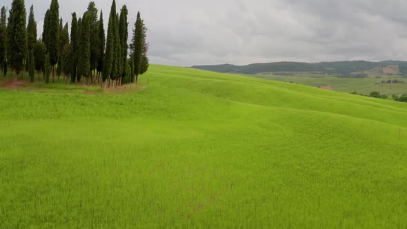 Flying over the amazing rolling hills of Tuscany Italy