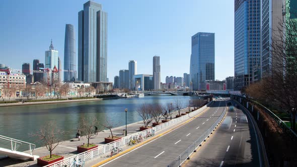 Chinese Road on Tianjin Heping District Embankment Timelapse