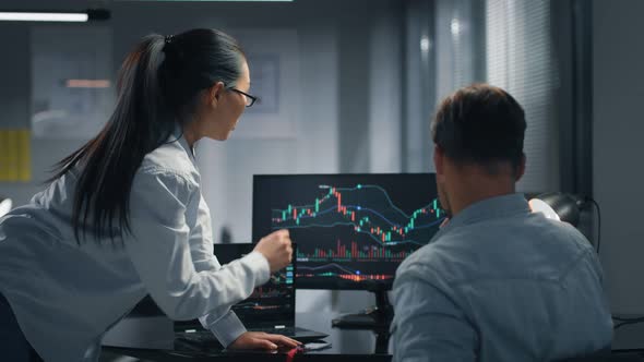 Back View of Colleagues Discuss Financial Graphs on Computer in Office