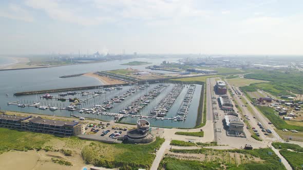 Aerial view approaching boats in harbour, Ijmuiden, Netherlands