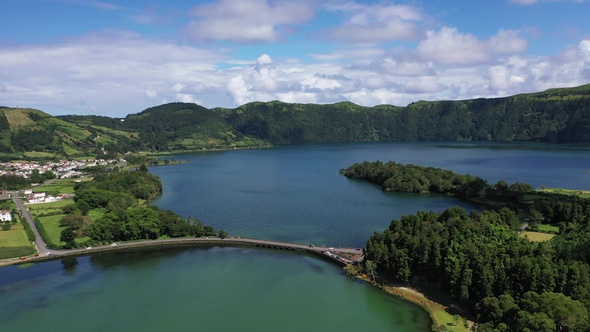 Portugal. Azores. Volcanic lake in the crater of the volcano. Aerial view.