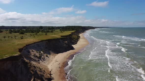 Flying Over Coastline Baltic Sea Ulmale Seashore Bluffs Near Pavilosta, Latvia and Landslides With a