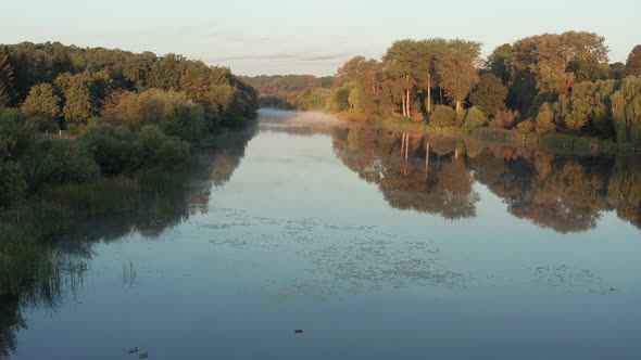 Beautiful morning, summer flight over the river. Fog, trees.