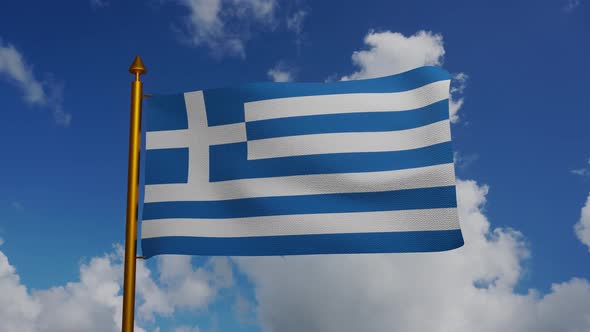 National flag of Greece waving with flagpole and blue sky timelapse