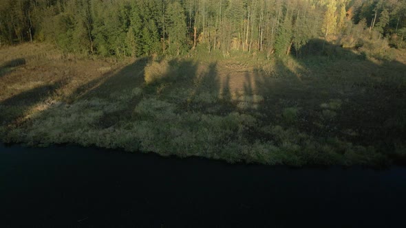 Park area. A winding river. Trees with yellow autumn leaves are visible. Aerial photography.