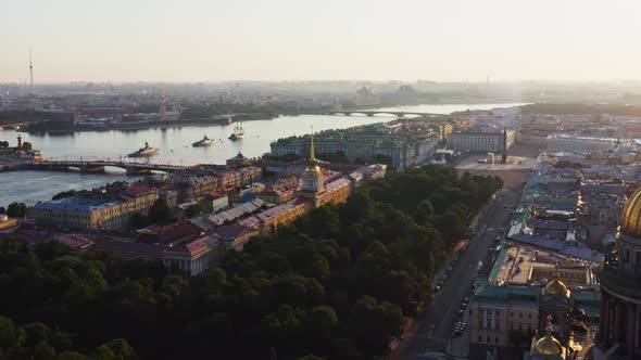 Aerial Cityscape of Landmarks at Sunrise Warships in Neva River Before the Holiday of the Russian