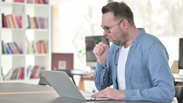 Coughing Sick Young Man at Work, Throat Sore