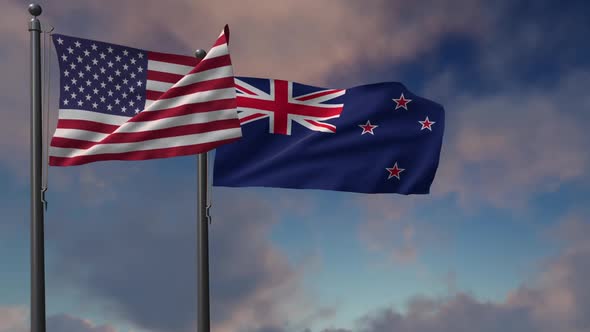 New Zealand Flag Waving Along With The National Flag Of The USA - 2K